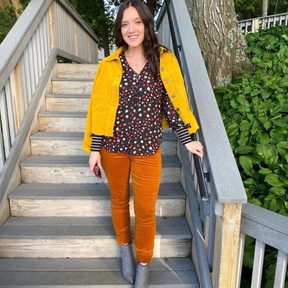 CAbi 3957 Cheerful Button Front Blouse Floral Mixed Stripe - Size L EUC - Picture 10 of 16